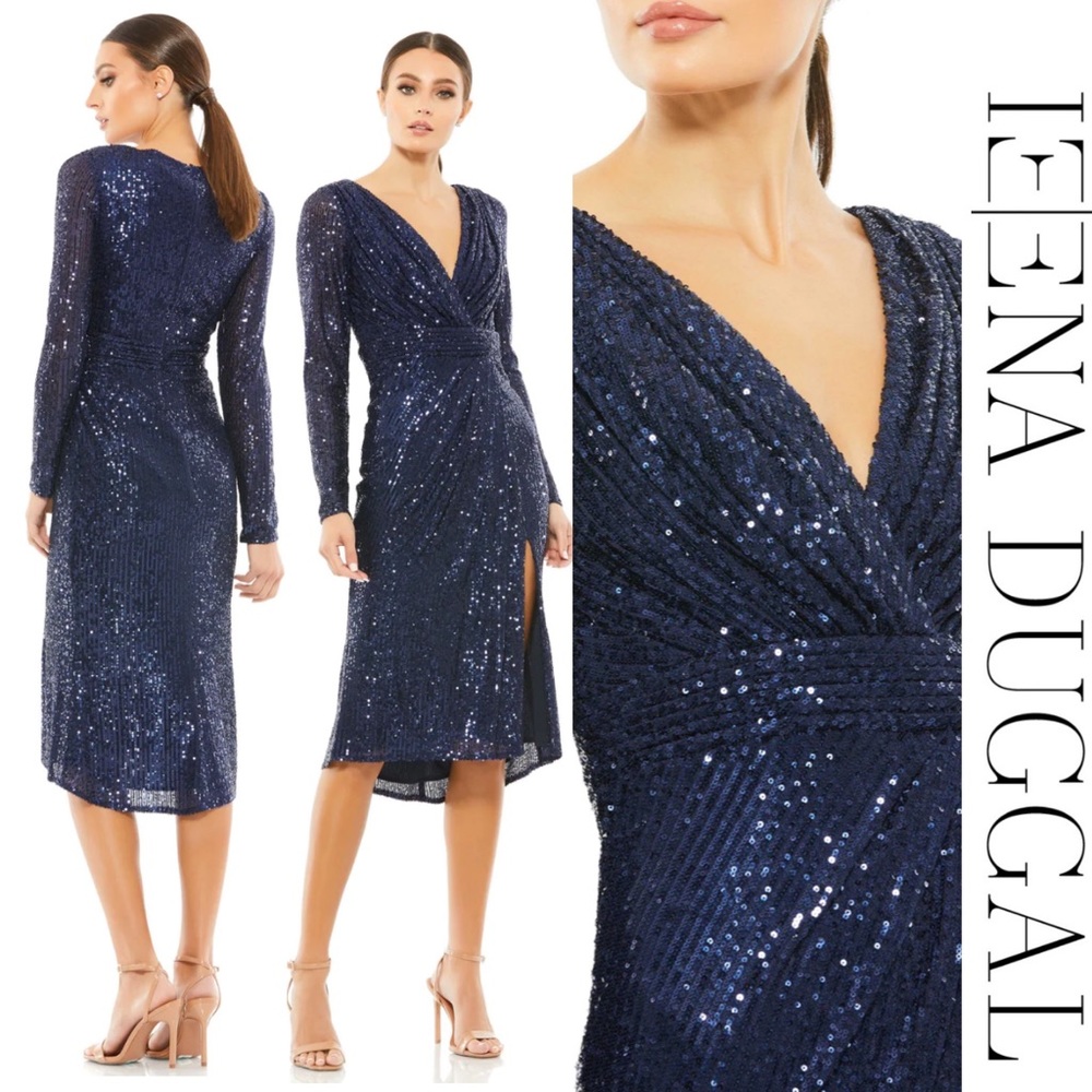 Ienna - Mac Duggal - Navy Blue Long Sleeve Sequined Midi Dress -Size 2